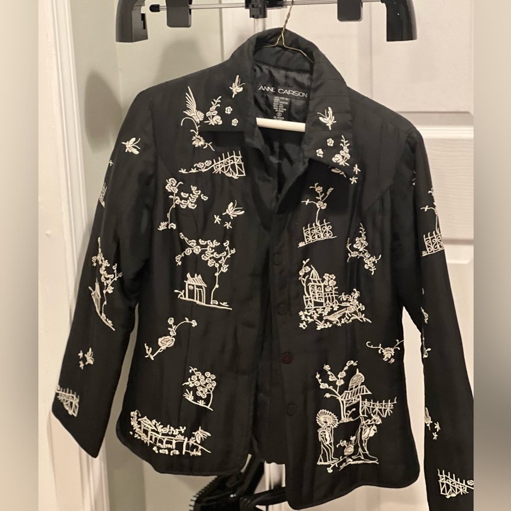 Ann Carson Embroidered Silk Jacket Black and White